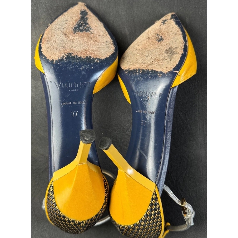 Vionnet Heels Yellow Leather Woven Raffia Pointed Toe Silver Pumps 37 US 6.5 - Picture 11 of 11